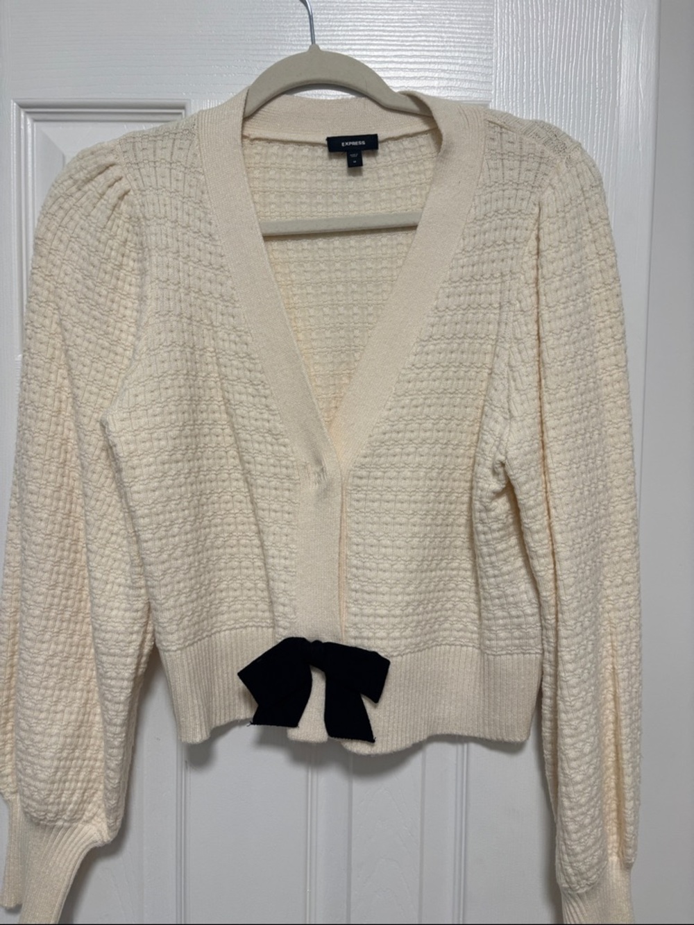 Express Cream Textured V-Neck Cardigan with Black Bow